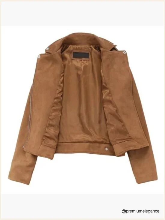 Faux Suede Moto Biker Jacket with Fringe, Fitted, Long Sleeve - Picture 3 of 6